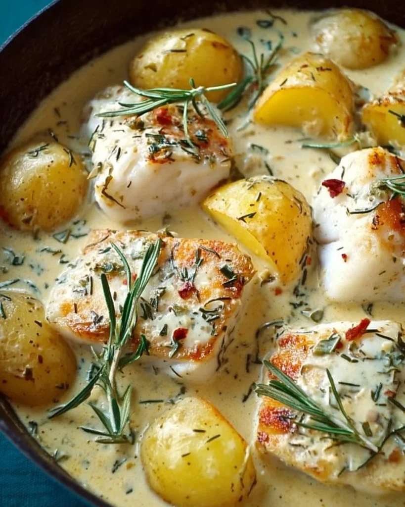 Delicious Cod & Potatoes served with rosemary cream sauce