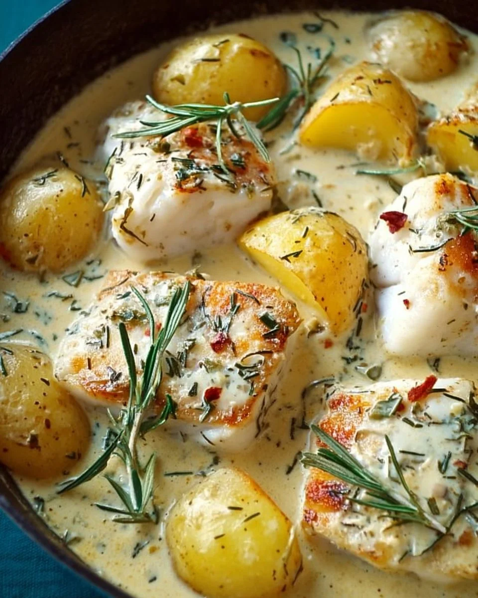 Delicious Cod & Potatoes served with rosemary cream sauce