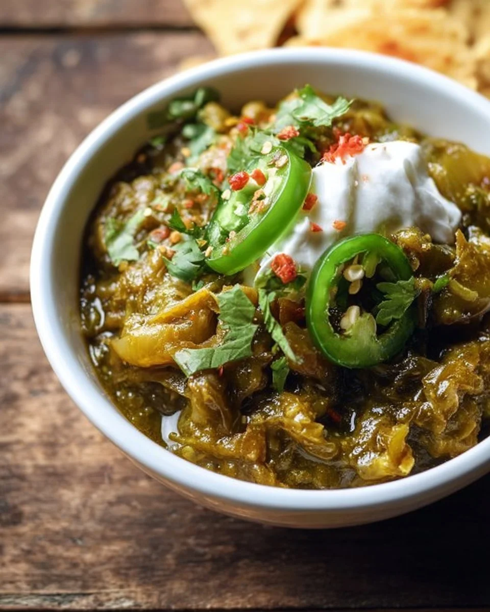 A serving of Colorado green chili with fresh green chiles and garnishes.