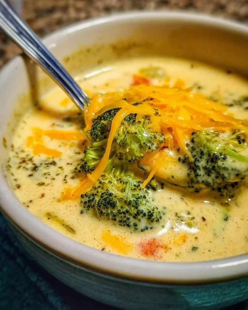 Bowl of copycat Panera broccoli cheddar soup with fresh broccoli and cheddar cheese