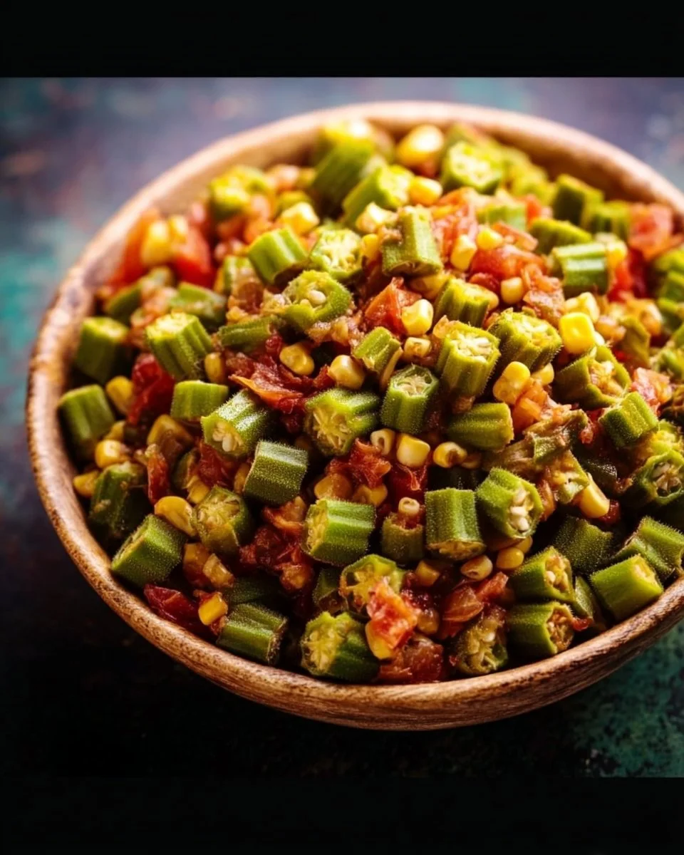 Delicious Corn Okra Creole dish served in a bowl with vibrant vegetables