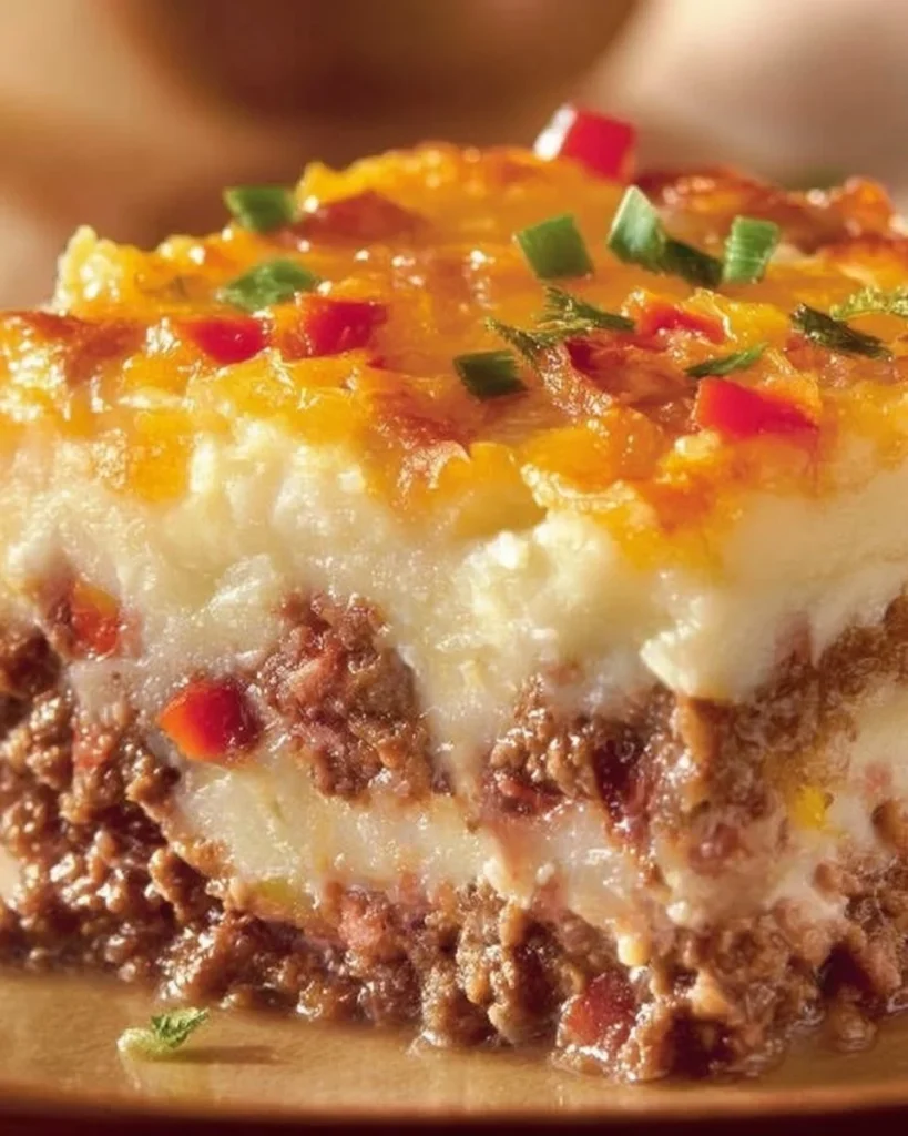 Delicious Cowboy Meatloaf and Potato Casserole served in a rustic dish