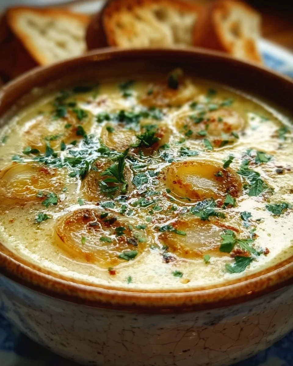 A bowl of cozy French garlic soup topped with fresh herbs.