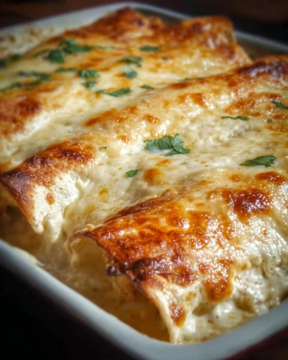 Creamy cream cheese chicken enchiladas topped with cheese and sauce