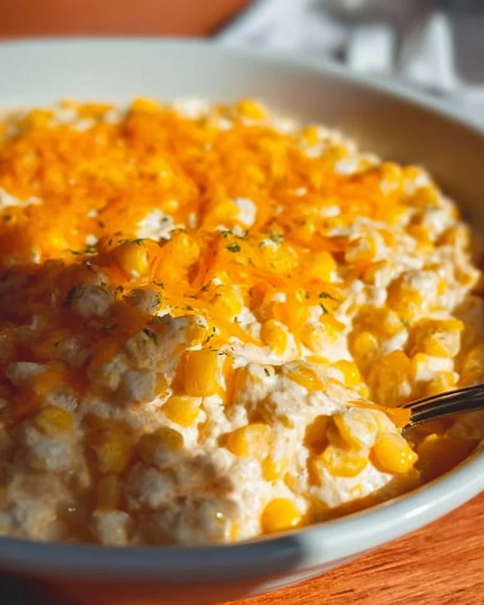 Delicious cream cheese corn casserole served in a baking dish.
