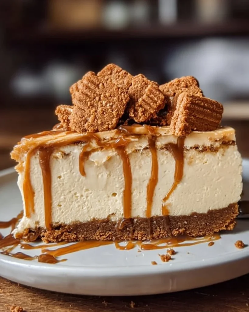 Creamy Biscoff Cookie Cheesecake topped with crunchy Biscoff cookies