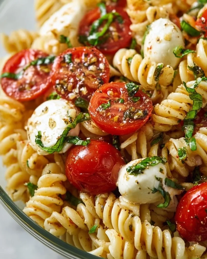 Creamy Caprese Pasta Salad with fresh mozzarella, tomatoes, and basil