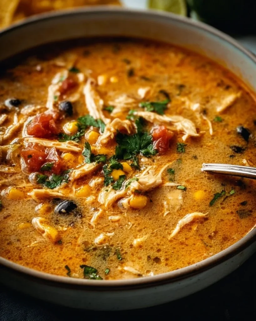 Bowl of creamy Chicken Tortilla Soup topped with tortilla strips and fresh cilantro