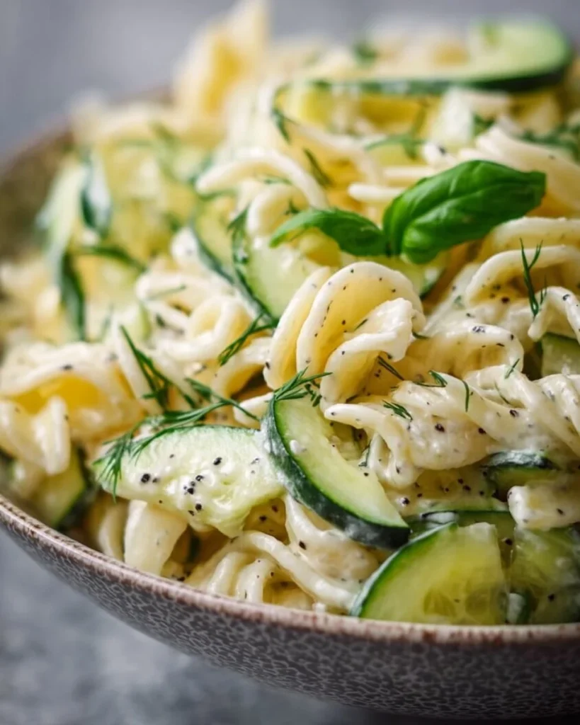 Delicious creamy cucumber pasta salad served in a bowl.