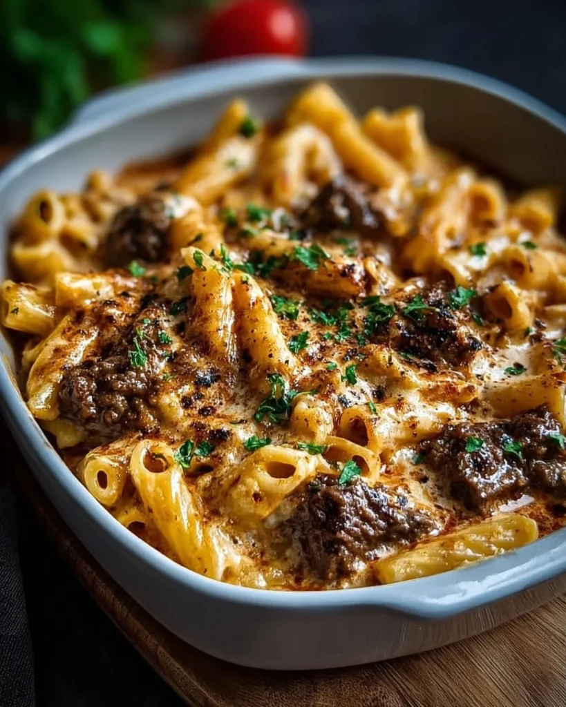 Creamy garlic beef pasta bake topped with cheese in a baking dish