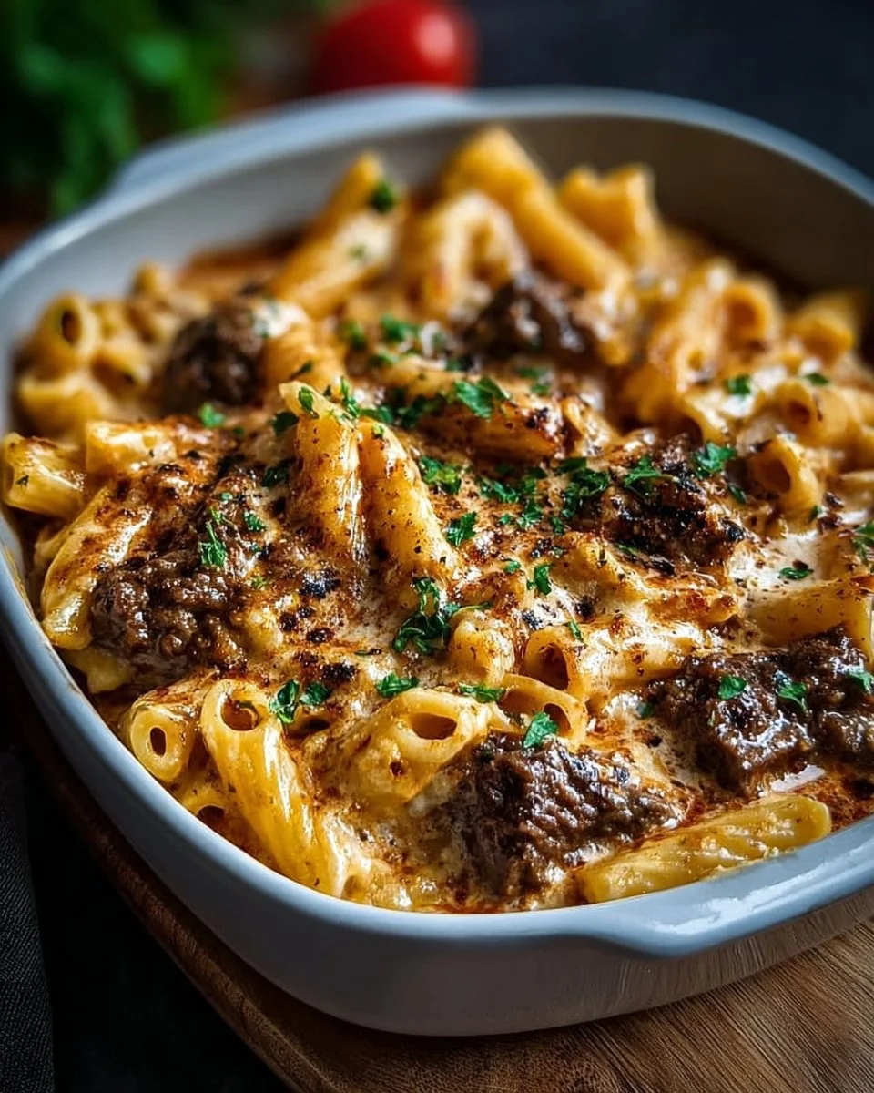 Creamy garlic beef pasta bake topped with cheese in a baking dish