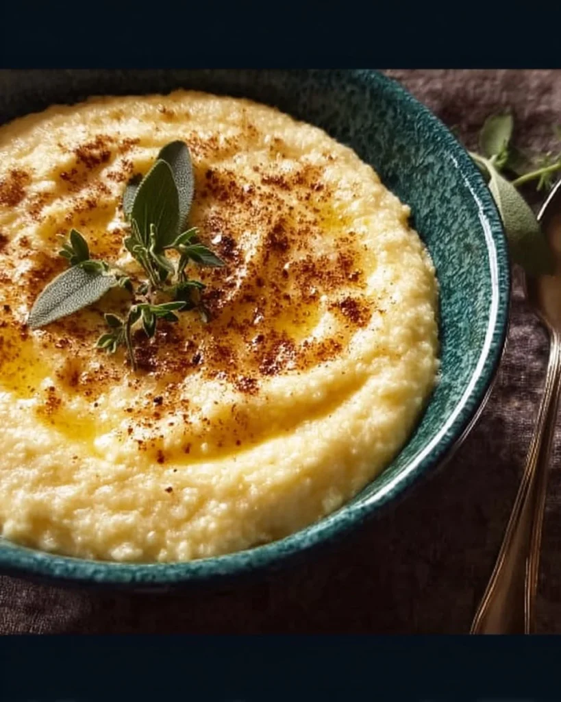 Creamy Gouda grits served in a bowl with garnishes