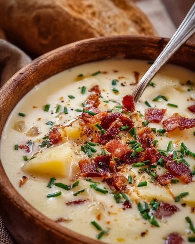 Bowl of creamy loaded baked potato soup topped with cheese and chives