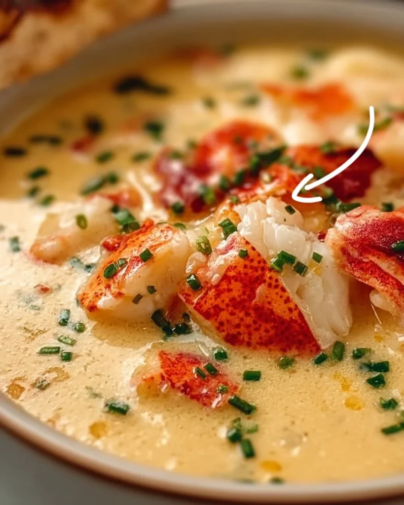 A bowl of creamy lobster chowder garnished with herbs