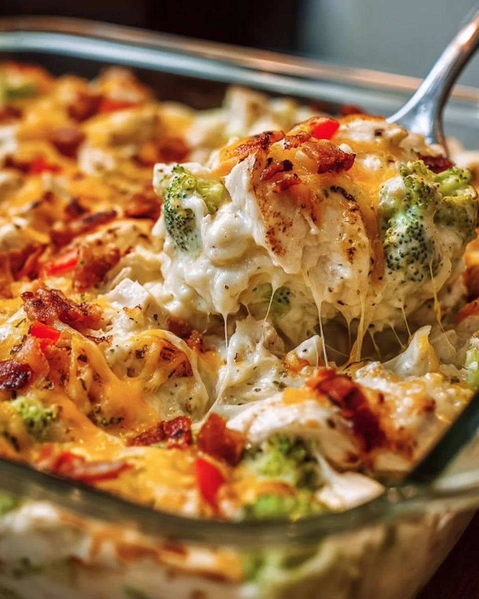 Creamy low carb chicken casserole topped with cheese and herbs.