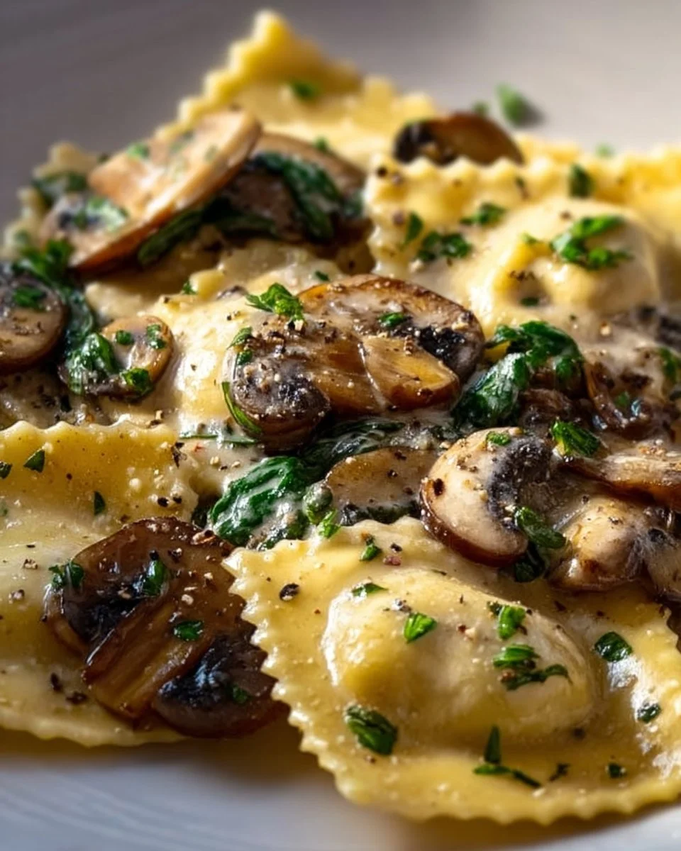 Plate of creamy mushroom ravioli with herbs and parmesan cheese on top