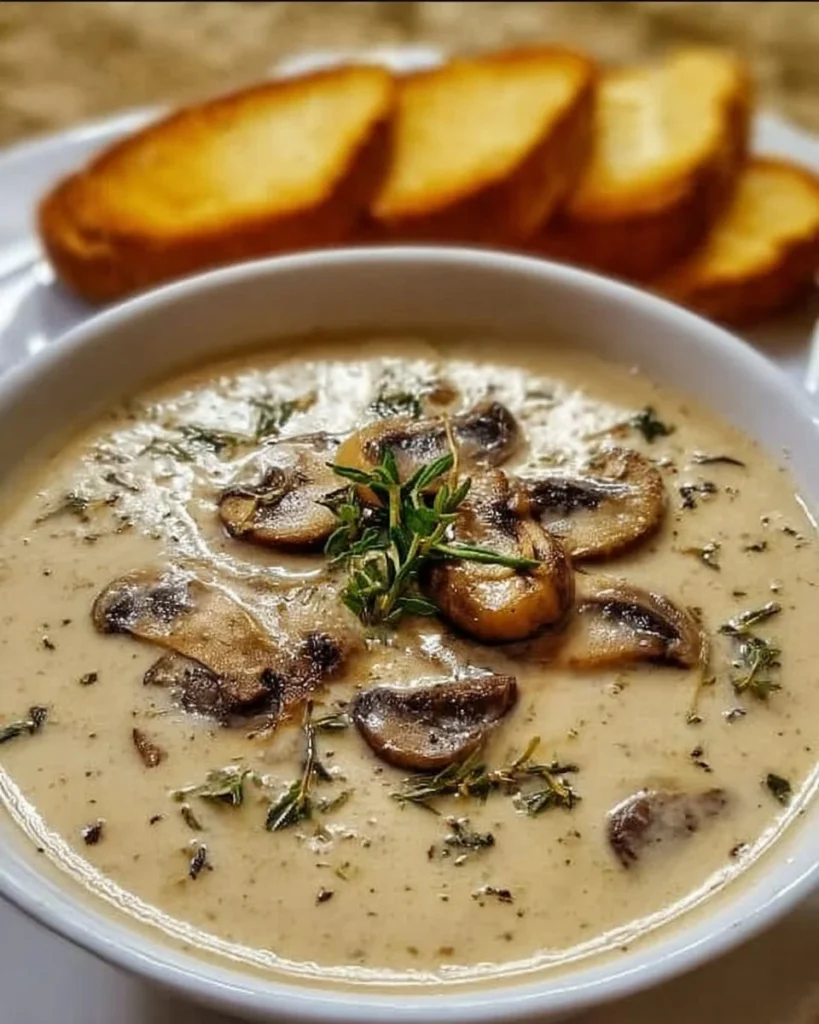 A bowl of creamy mushroom soup garnished with fresh herbs and mushrooms