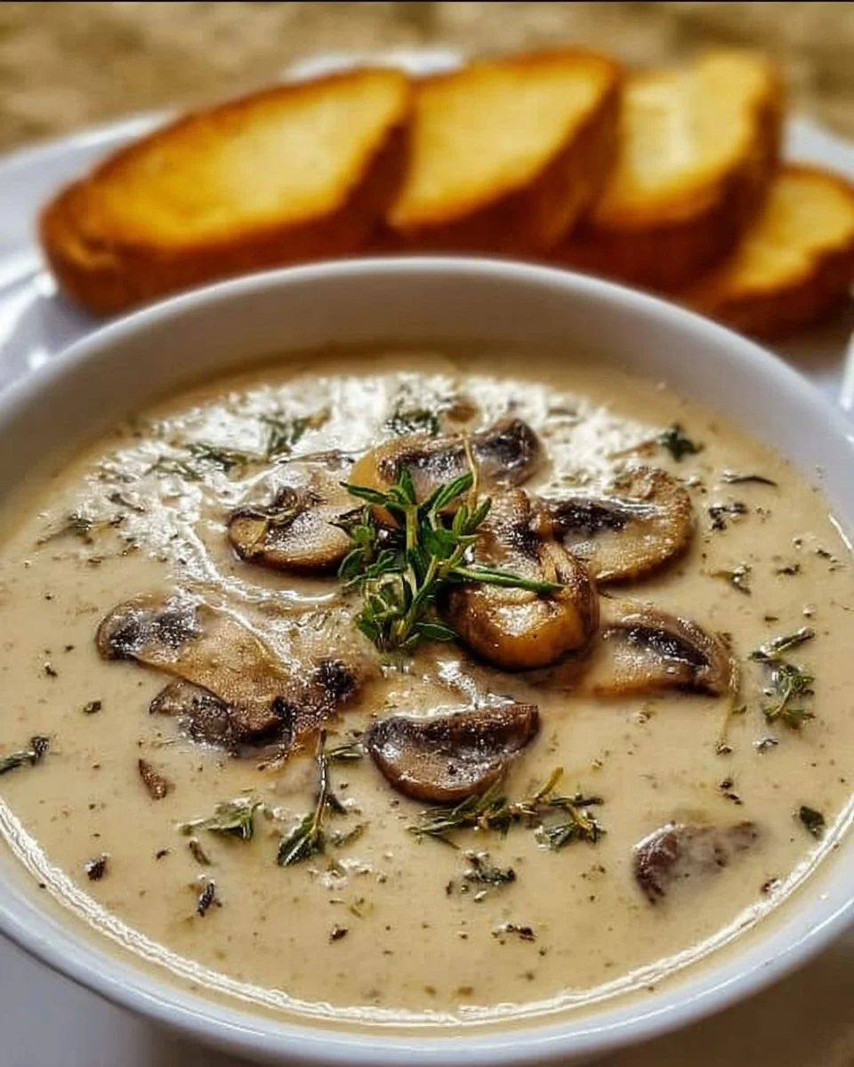 A bowl of creamy mushroom soup garnished with fresh herbs and mushrooms