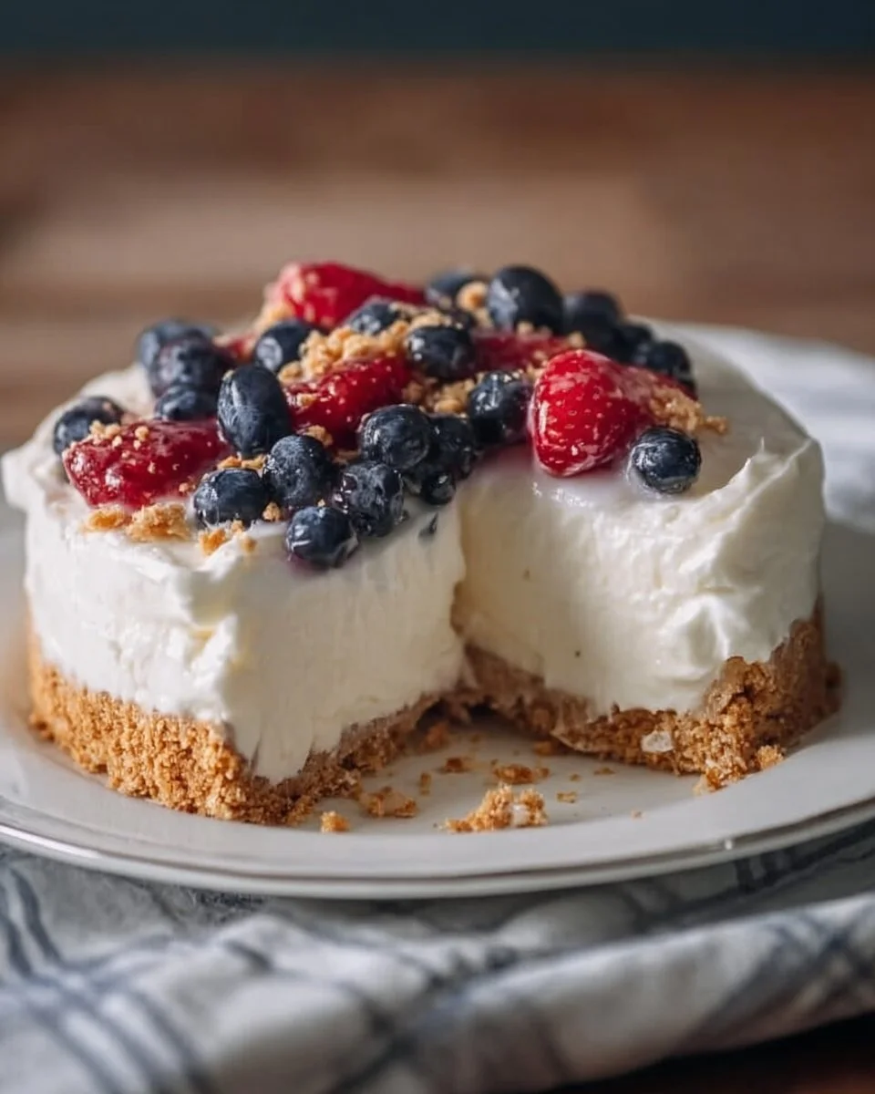 No-bake Greek yogurt pie topped with fresh fruit and a graham cracker crust