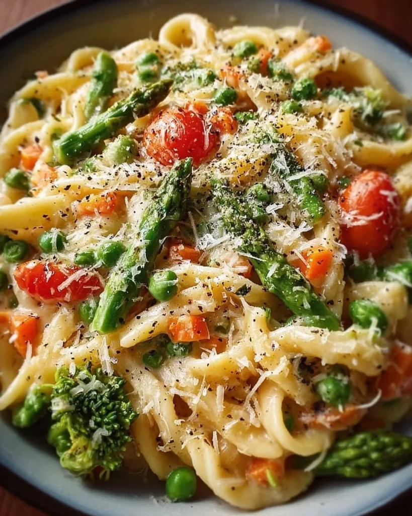Creamy Pasta Primavera topped with Parmesan cheese and fresh vegetables