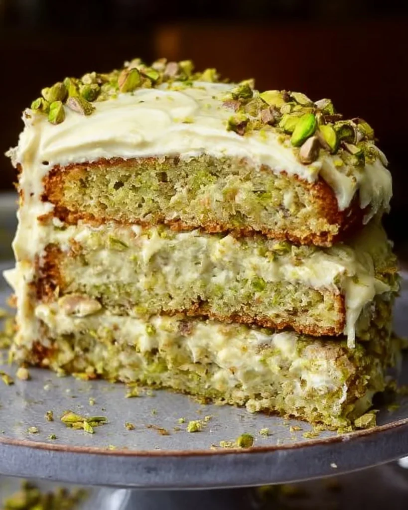 Creamy Pistachio Cake topped with fresh pistachios and frosting