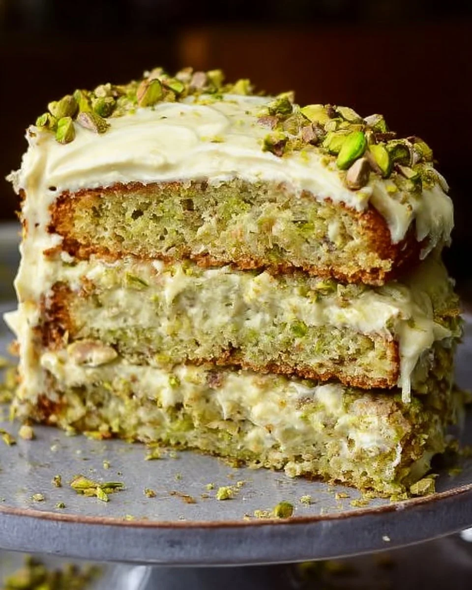 Creamy Pistachio Cake topped with fresh pistachios and frosting
