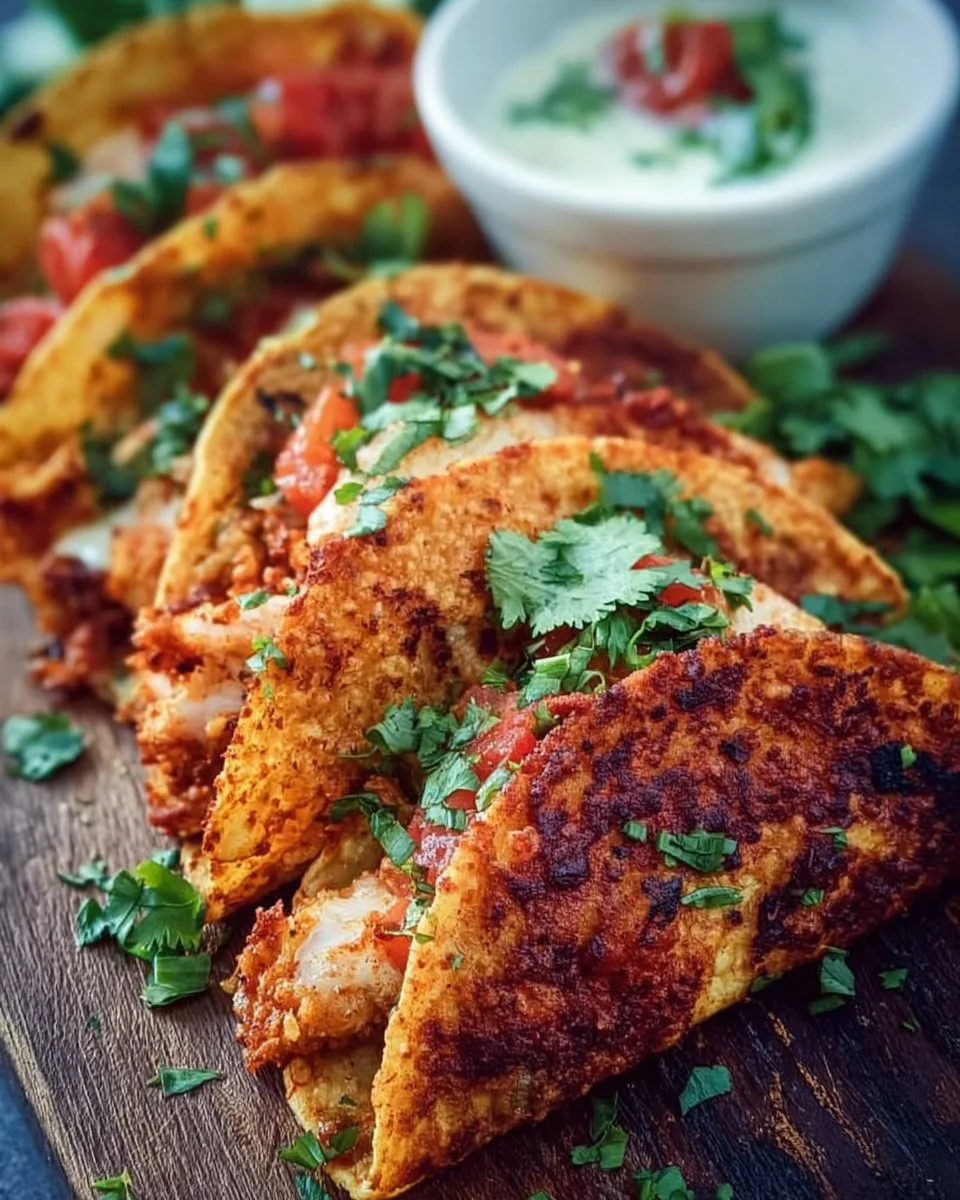 Plate of crispy chicken tacos served with creamy salsa dip