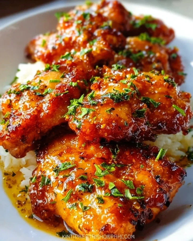Crispy honey garlic chicken thighs served on a plate with garnishing.