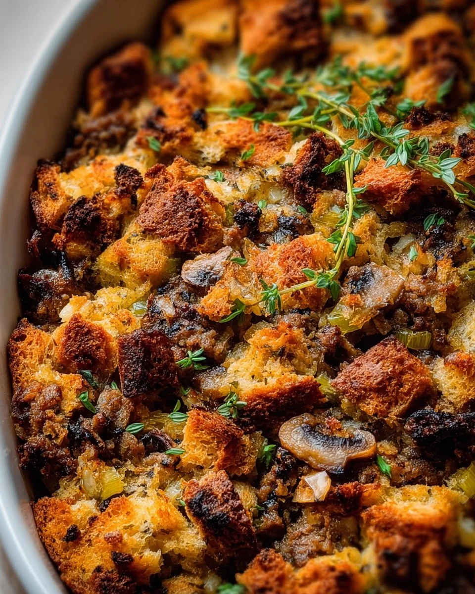 Crispy-topped sourdough stuffing with sausage and mushrooms in a baking dish