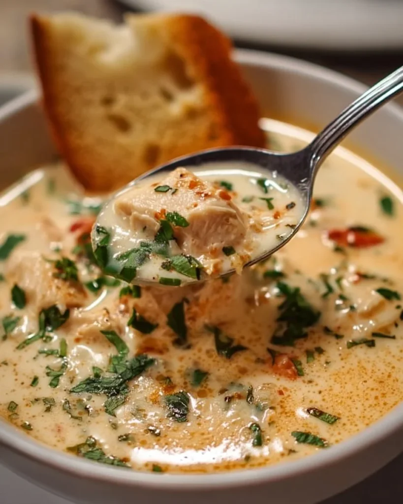Crock Pot creamy chicken parmesan soup in a bowl with herbs and cheese