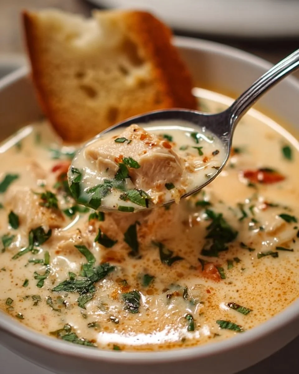 Crock Pot creamy chicken parmesan soup in a bowl with herbs and cheese