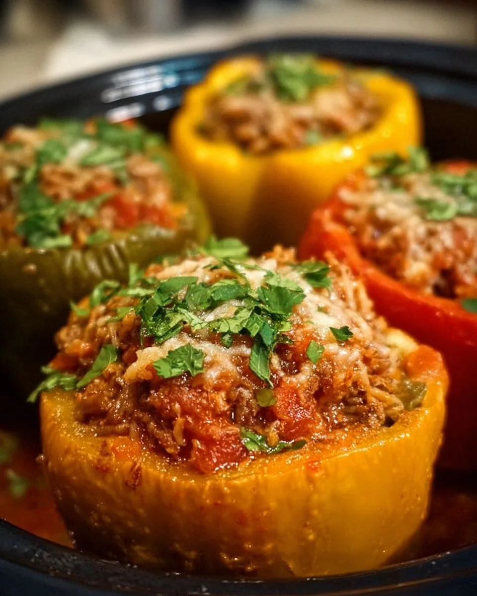 Crock Pot stuffed peppers filled with rice, meat, and spices.