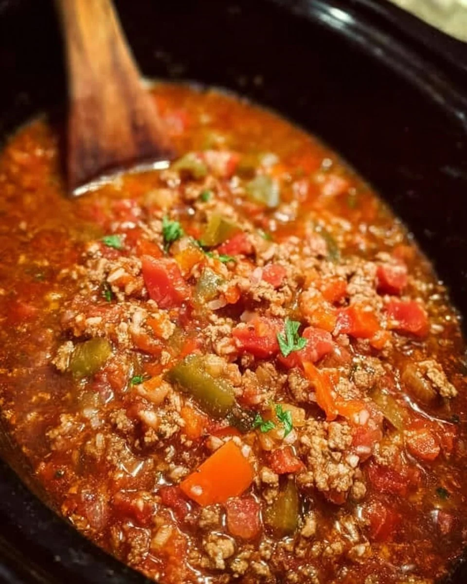 Bowl of Crock Pot stuffed peppers soup garnished with herbs and spices.