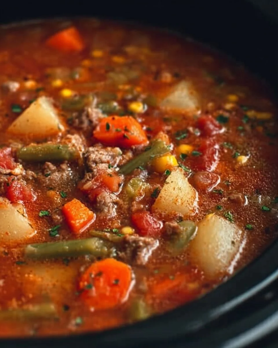 A bowl of Crock Pot Vegetable Beef Soup filled with vegetables and beef