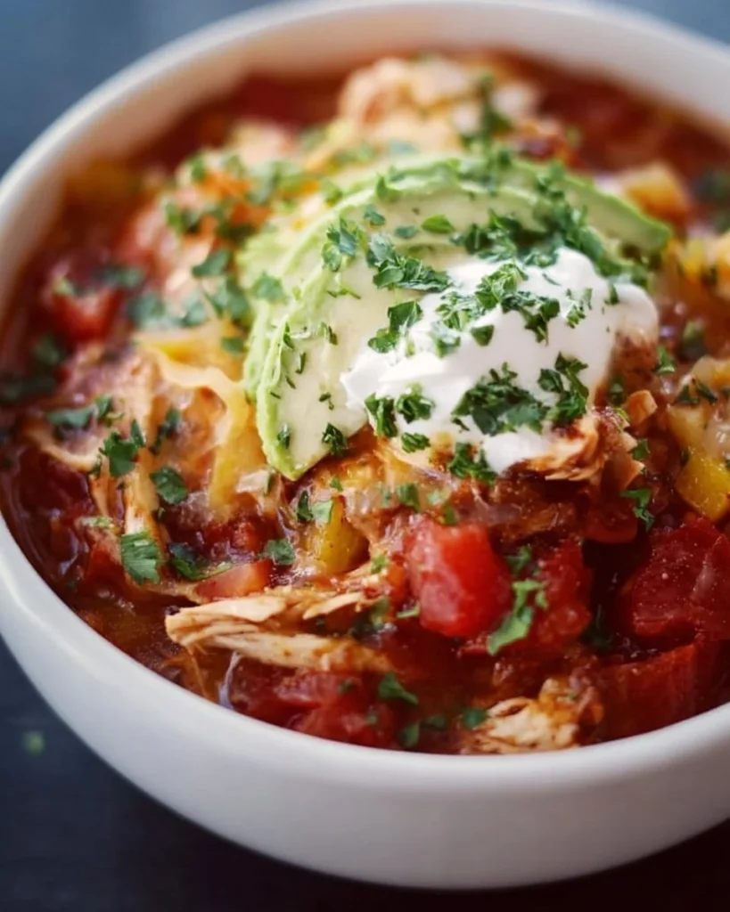 A bowl of Crockpot Chicken Enchilada Soup garnished with cilantro and lime
