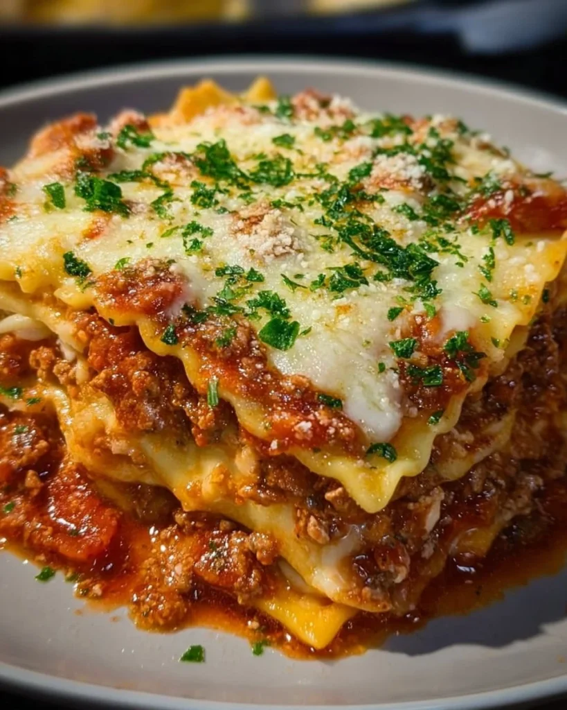 Crockpot Ravioli Lasagna served with fresh herbs on a wooden table