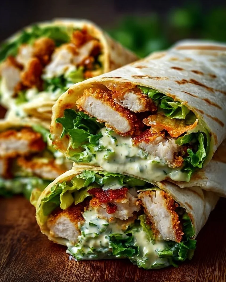 Delicious crunchy Chicken Caesar Wrap with fresh lettuce and grilled chicken