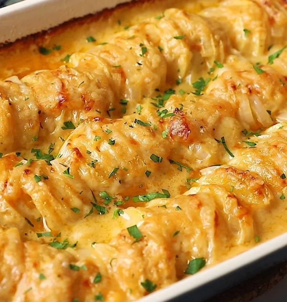 Dish of Dad's creamy and cheesy Au Gratin Potatoes served on a plate