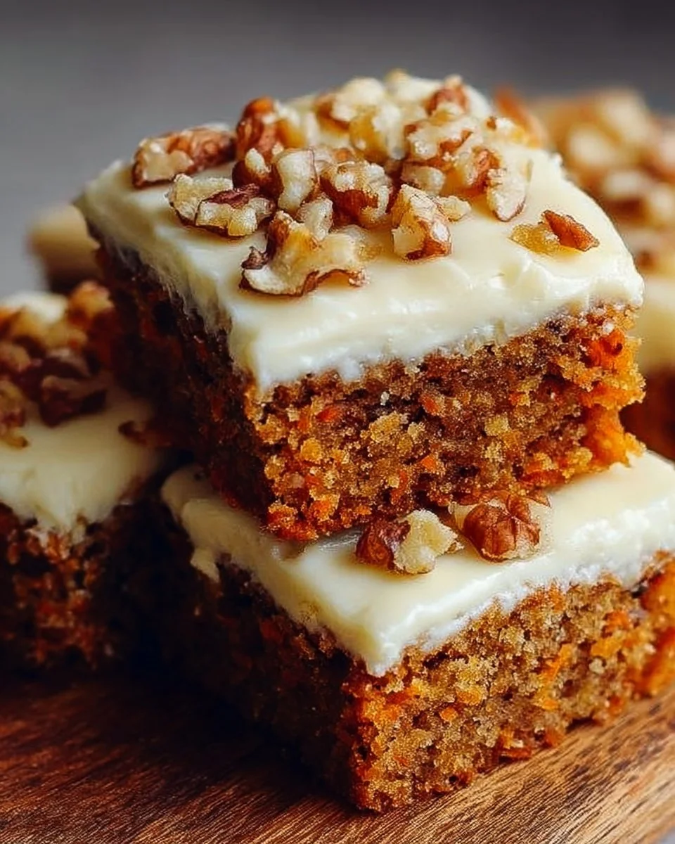 Delicious carrot cake bars with cream cheese frosting on a white plate.