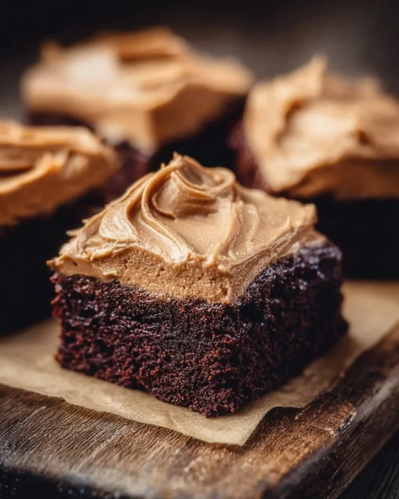 Decadent coffee brownies with creamy mocha frosting on a plate