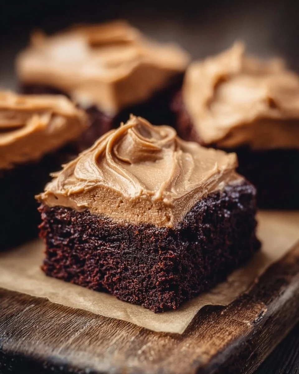 Decadent coffee brownies with creamy mocha frosting on a plate