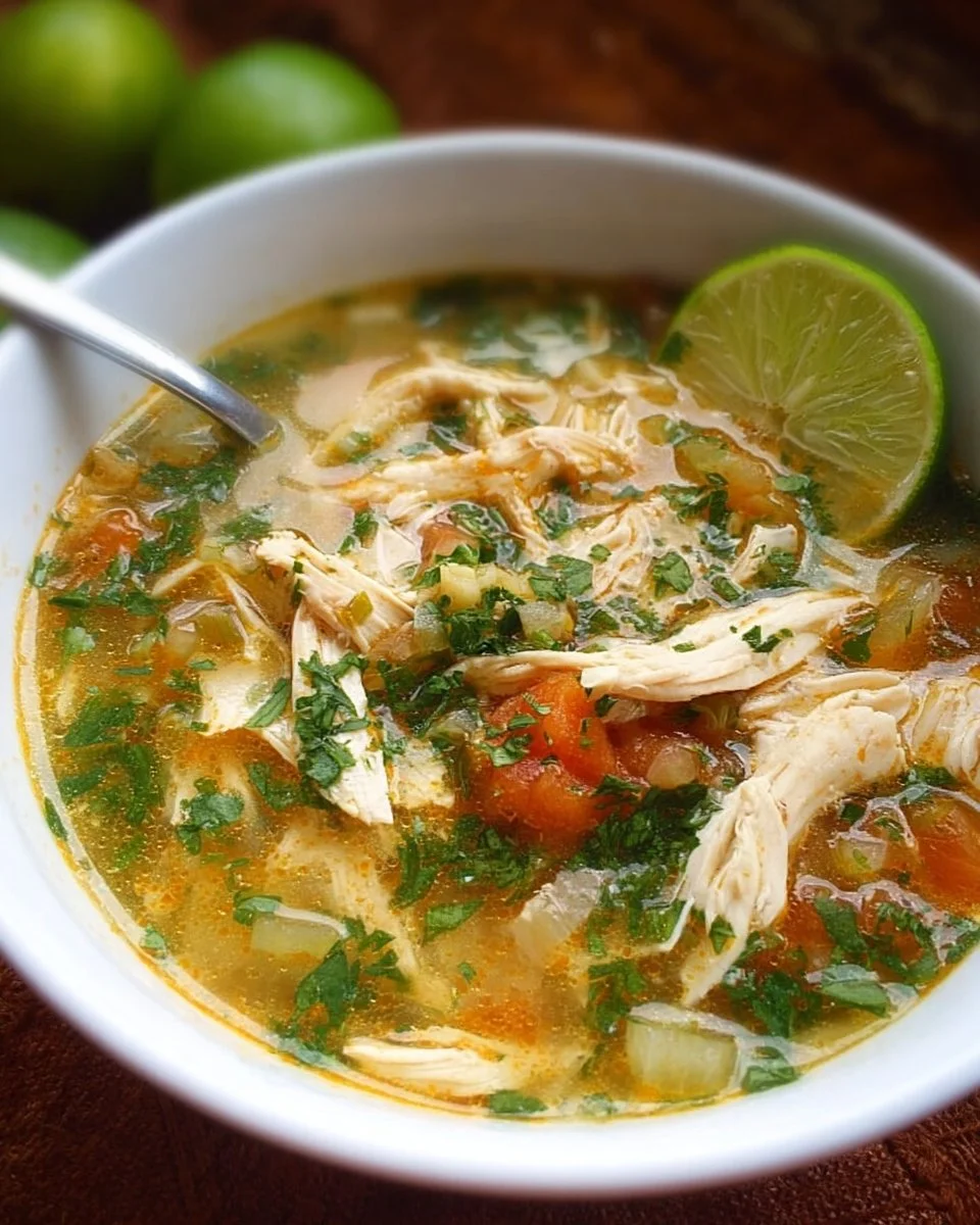 Bowl of delicious chicken lime soup garnished with lime and cilantro