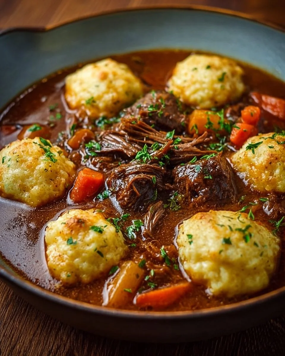 Bowl of delicious beef stew with dumplings served on a rustic table.