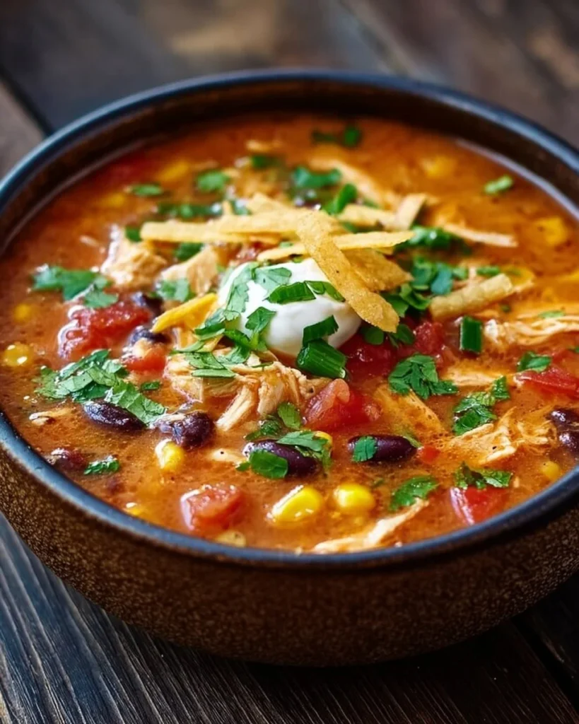Bowl of delicious chicken enchilada soup topped with cilantro and cheese