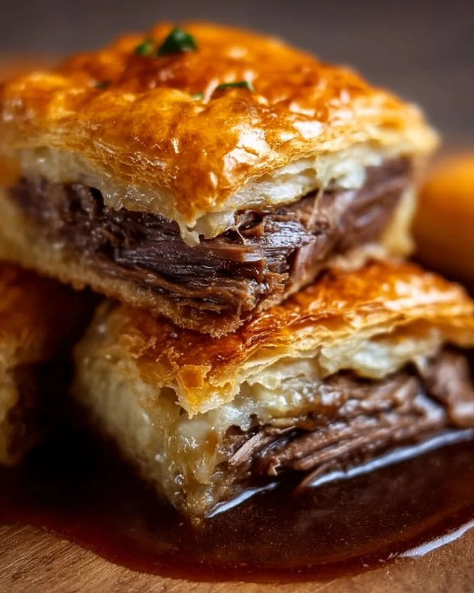 Delicious French Dip Squares served with au jus for dipping