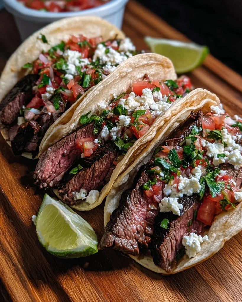Delicious skirt steak tacos garnished with fresh vegetables and herbs