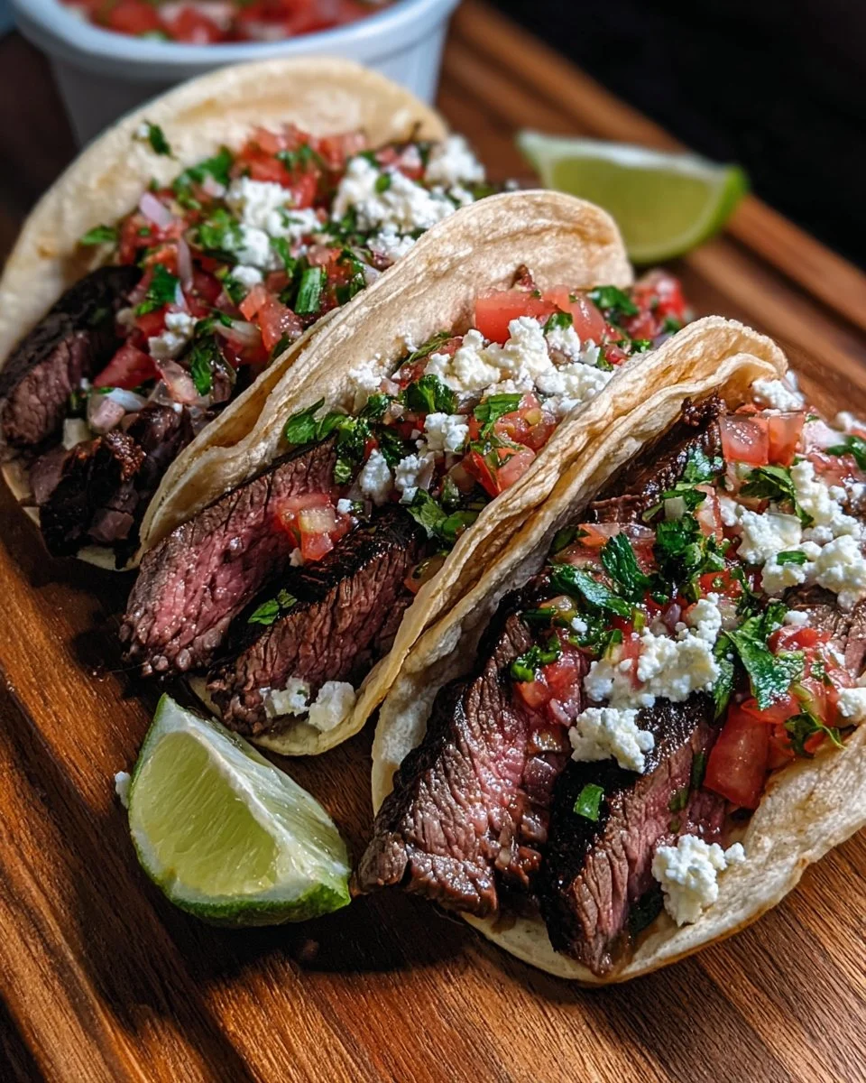 Delicious skirt steak tacos garnished with fresh vegetables and herbs