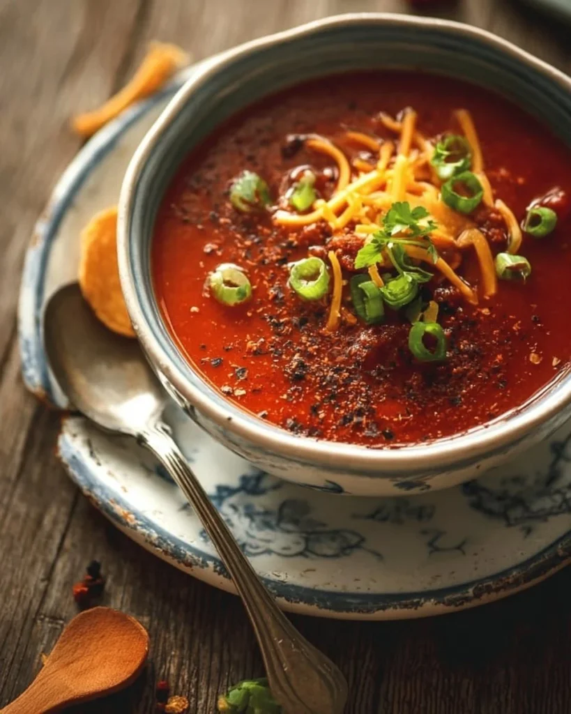 Bowl of delicious tomato soup with unique ingredients and garnishes.