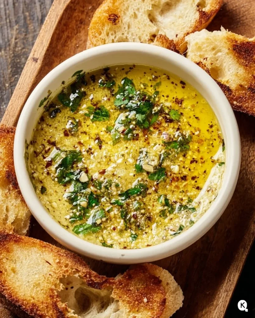 A bowl of easy garlic olive oil dip with bread on the side for dipping.