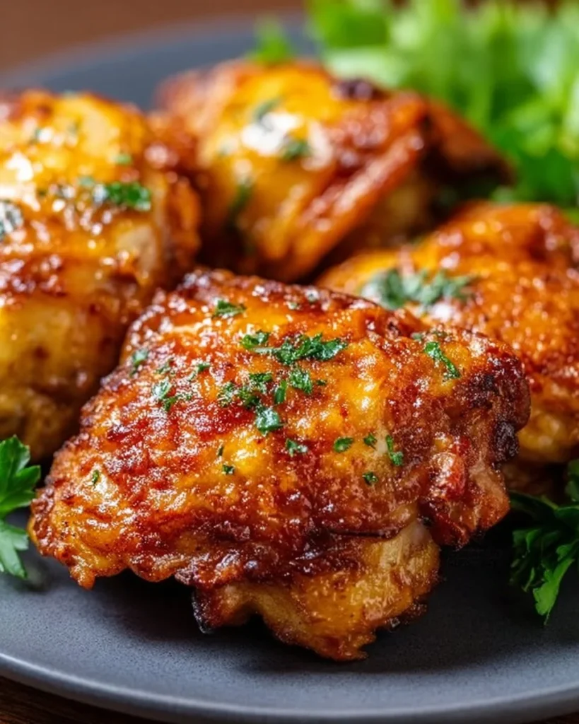Cooked ranch chicken thighs served on a plate with herbs and vegetables
